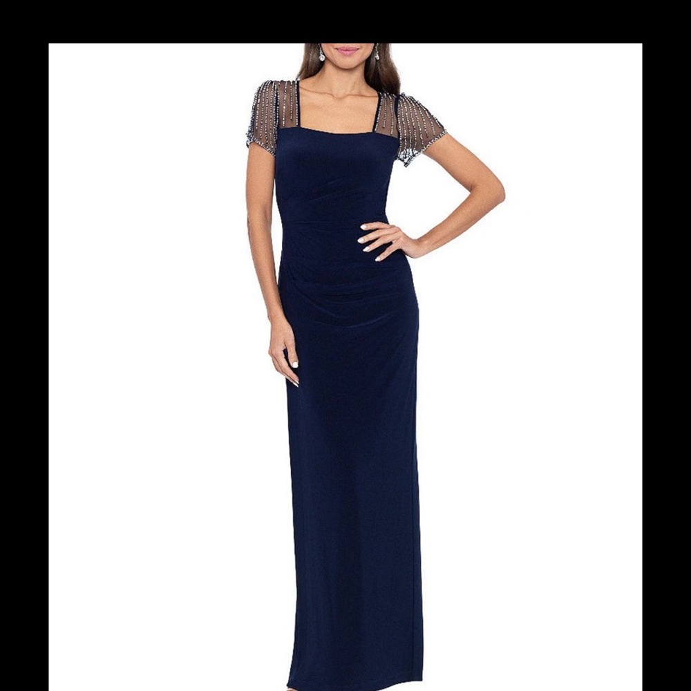 Betsy & Adam Navy Maxi Dress with Embellished Sleeves nwt